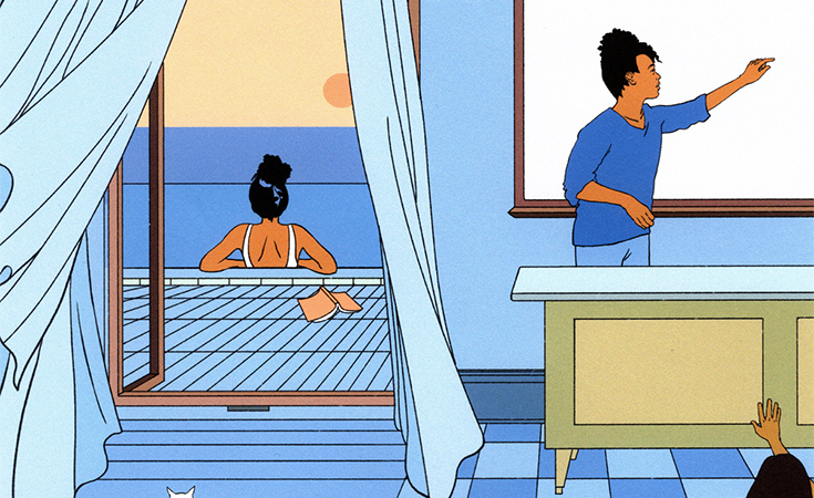 Art of a woman relaxing and working