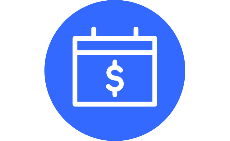 blue circle with calendar icon with dollar sign on it